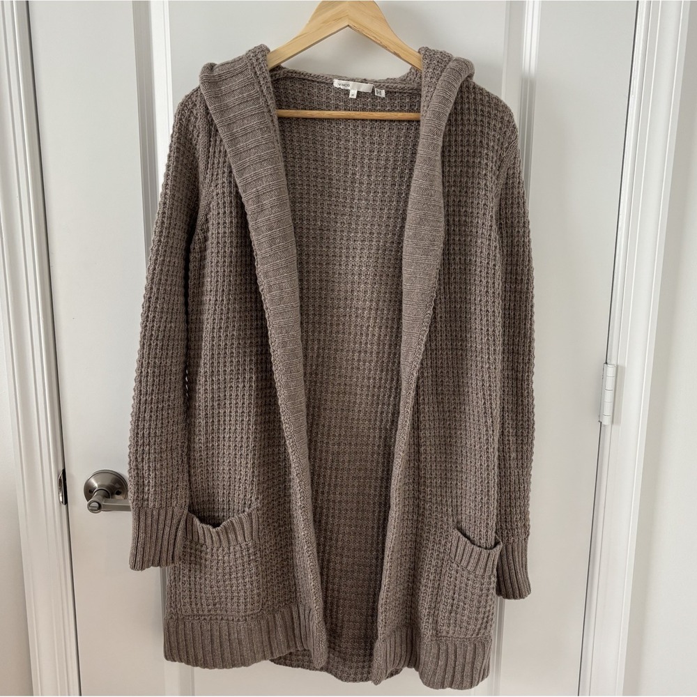 Vince | Waffle-Knit Open-Front Hooded Taupe Cardigan Size M Wool/Cashmere Blend